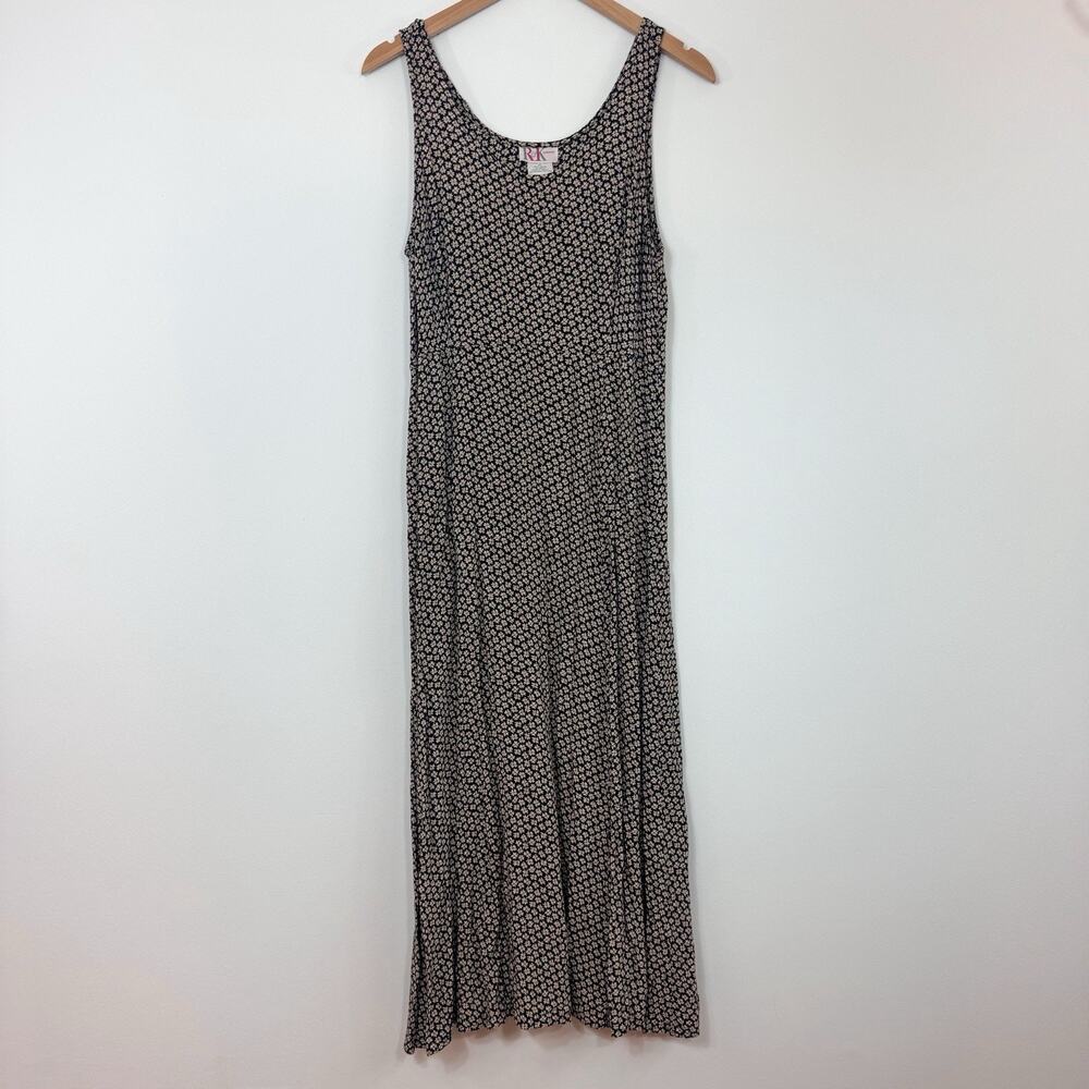 Women’s Vintage Maxi Dress Black Floral Size 14 90’s Sleeveless Sheath Whimsical